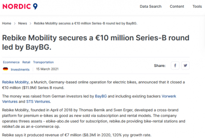 nordic9.com: Rebike Mobility secures a €10 million Series-B round led by BayBG.