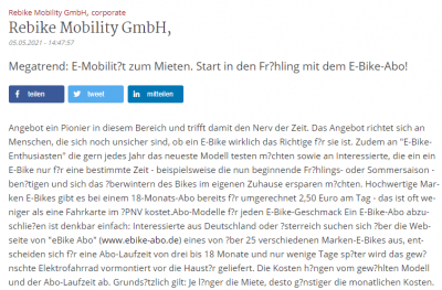 ad-hoc-news.de: Megatrend: E-Mobilität zum Mieten. Start in den Frühling mit dem E-Bike-Abo!