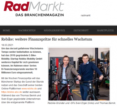 radmarkt.de: Rebike - weitere Finanzspritze für schnelles Wachstum