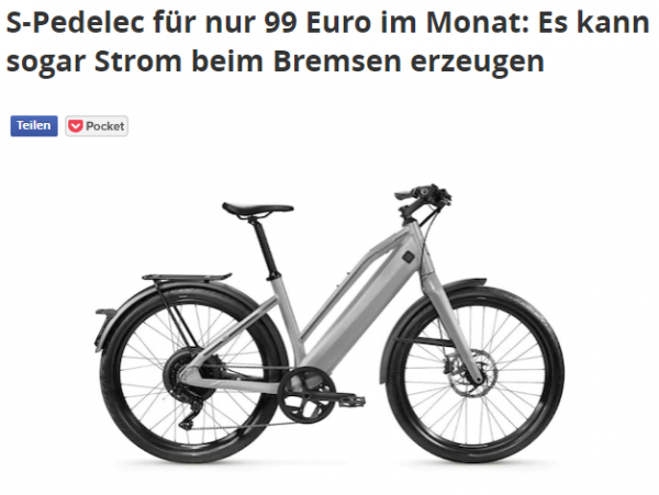 focus.de: S-Pedelec für nur 99 Euro im Monat: Es kann sogar Strom beim Bremsen erzeugen
