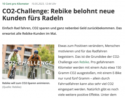 sazbike.de: CO2-Challenge - Rebike belohnt neue Kunden fürs Radeln