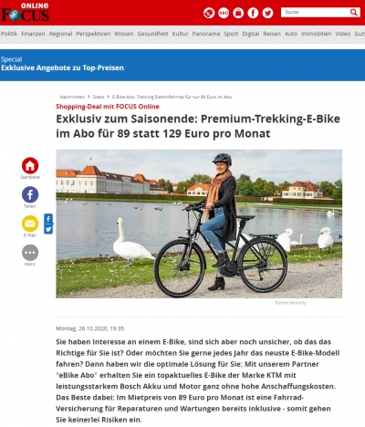 Exklusiv zum Saisonende: Premium-Trekking-E-Bike im Abo für 89 statt 129 Euro pro Monat