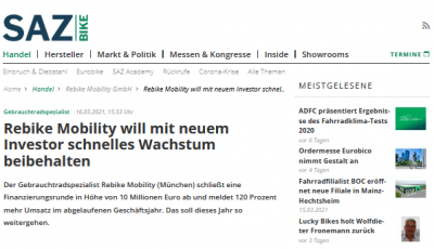 sazbike.de: Rebike Mobility will mit neuem Investor schnelles Wachstum beibehalten