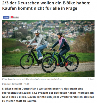 focus.de: 2/3 der Deutschen wollen ein E-Bike haben: Kaufen kommt nicht für alle in Frage