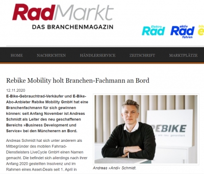 RadMarkt - Rebike Mobility holt Branchen-Fachmann an Bord