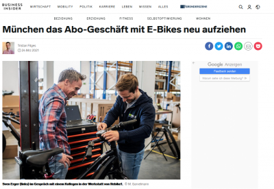 businessinsider.de: Nachhaltig Elektro-Rad fahren - Wie zwei Gründer aus München das Abo-Geschäft mit E-Bikes neu aufziehen