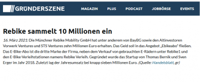 businessinsider.de: Rebike sammelt 10 Millionen ein