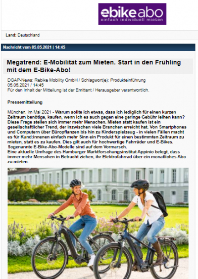 dgap.de: Megatrend: E-Mobilität zum Mieten. Start in den Frühling mit dem E-Bike-Abo!